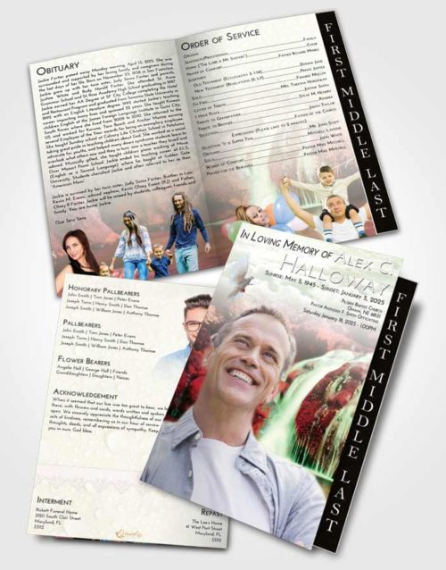 2 Page Graduated Step Fold Funeral Program Template Brochure Emerald Waterfall Paradise