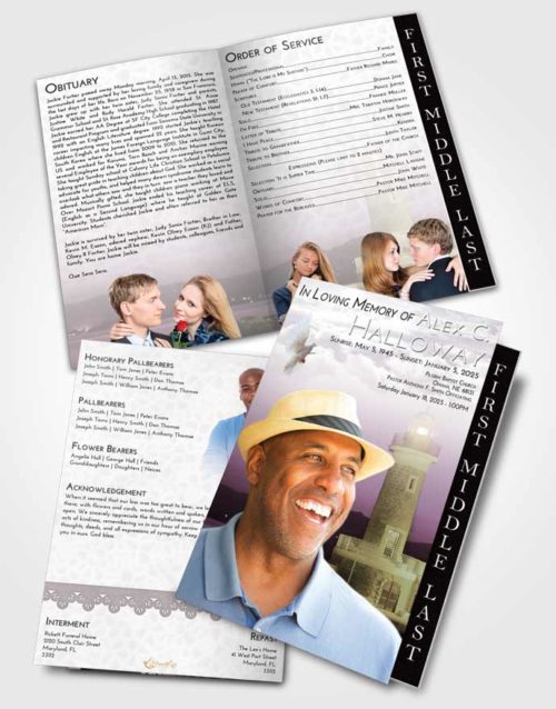2 Page Graduated Step Fold Funeral Program Template Brochure Evening Lighthouse Majesty