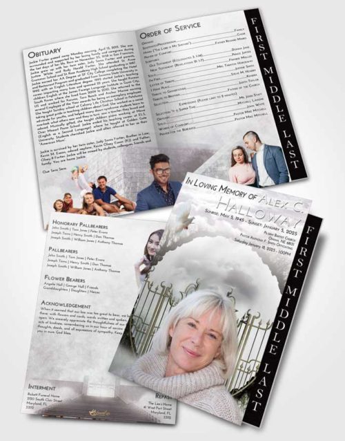2 Page Graduated Step Fold Funeral Program Template Brochure Evening Mystical Gates of Heaven