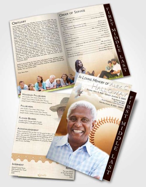 2 Page Graduated Step Fold Funeral Program Template Brochure Golden Baseball Victory