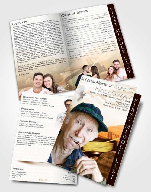 2 Page Graduated Step Fold Funeral Program Template Brochure Golden Fishing Dreams