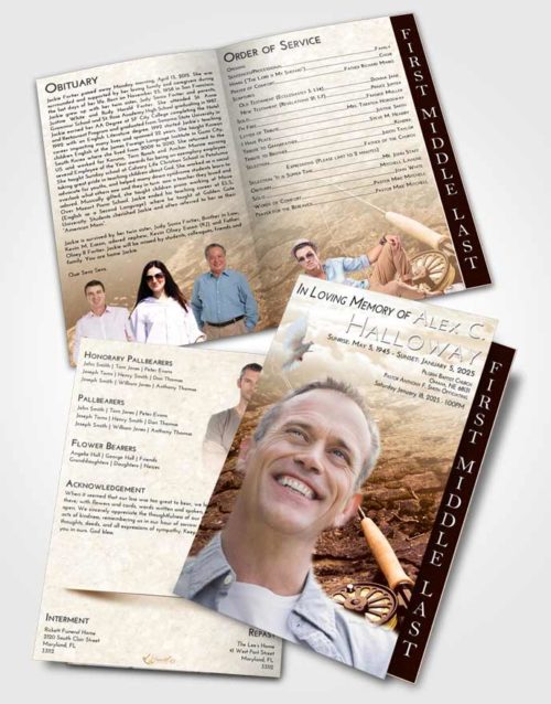 2 Page Graduated Step Fold Funeral Program Template Brochure Golden Fishing on the Rocks
