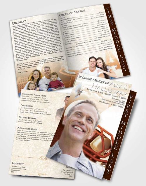 2 Page Graduated Step Fold Funeral Program Template Brochure Golden Football Party