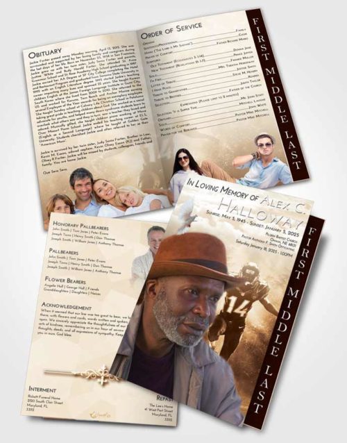 2 Page Graduated Step Fold Funeral Program Template Brochure Golden Football Serenity