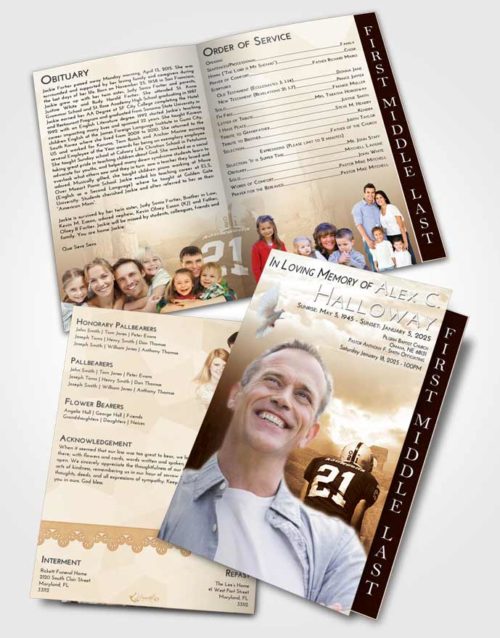 2 Page Graduated Step Fold Funeral Program Template Brochure Golden Football Victory