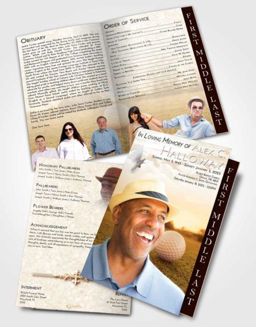 2 Page Graduated Step Fold Funeral Program Template Brochure Golden Golfing Honor
