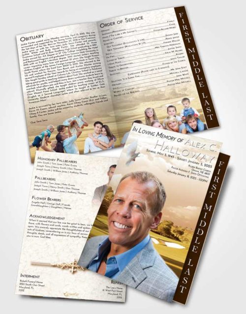 2 Page Graduated Step Fold Funeral Program Template Brochure Golden Golfing Sandtrap