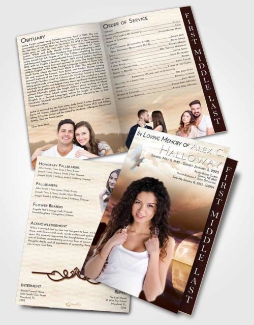 2 Page Graduated Step Fold Funeral Program Template Brochure Golden Illuminated Evening