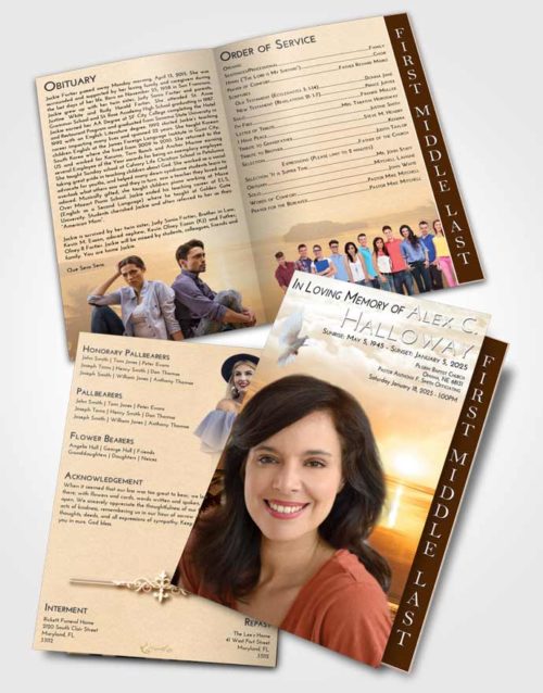 2 Page Graduated Step Fold Funeral Program Template Brochure Golden Italian Sun