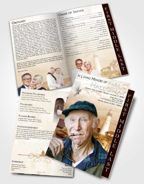 2 Page Graduated Step Fold Funeral Program Template Brochure Golden Lighthouse Journey