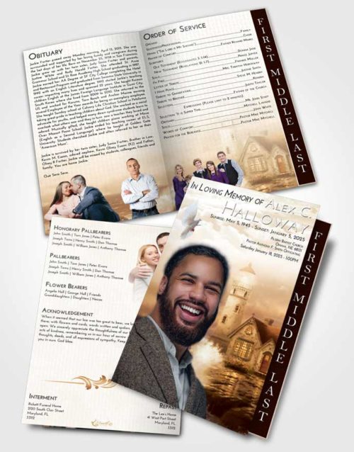 2 Page Graduated Step Fold Funeral Program Template Brochure Golden Lighthouse Lookout