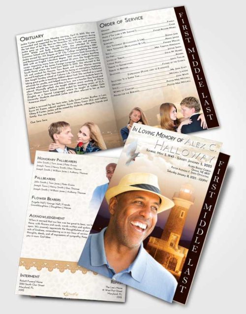 2 Page Graduated Step Fold Funeral Program Template Brochure Golden Lighthouse Majesty