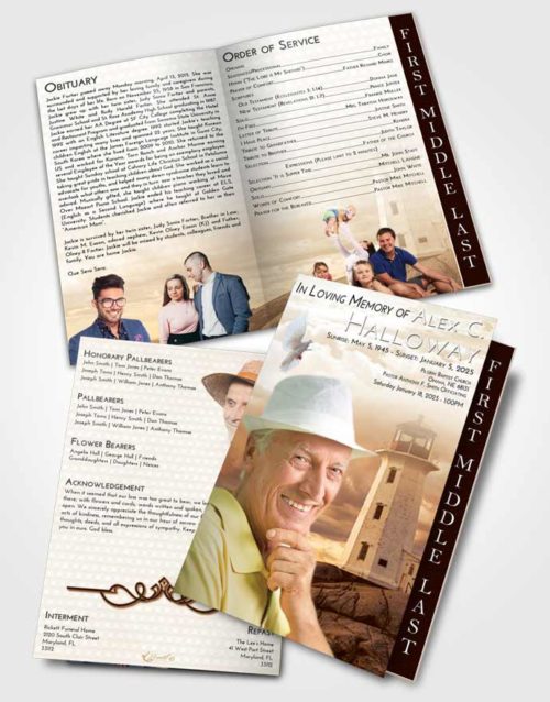 2 Page Graduated Step Fold Funeral Program Template Brochure Golden Lighthouse Safety