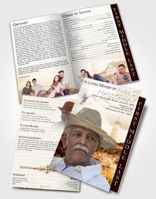 2 Page Graduated Step Fold Funeral Program Template Brochure Golden Lighthouse Secret