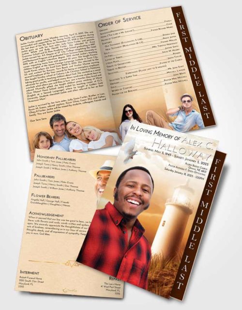 2 Page Graduated Step Fold Funeral Program Template Brochure Golden Lighthouse Serenity