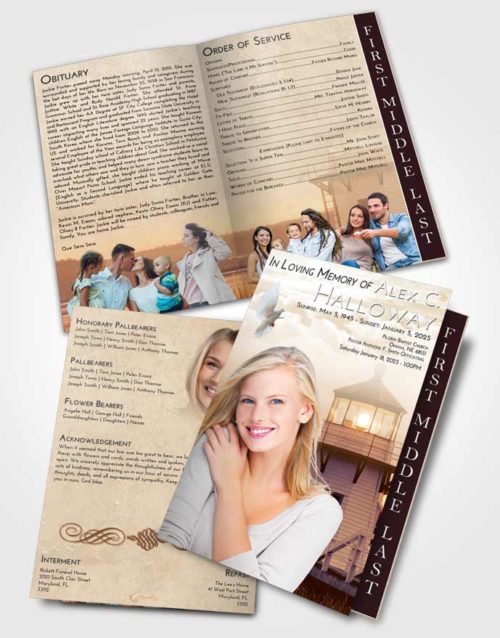 2 Page Graduated Step Fold Funeral Program Template Brochure Golden Lighthouse Surprise