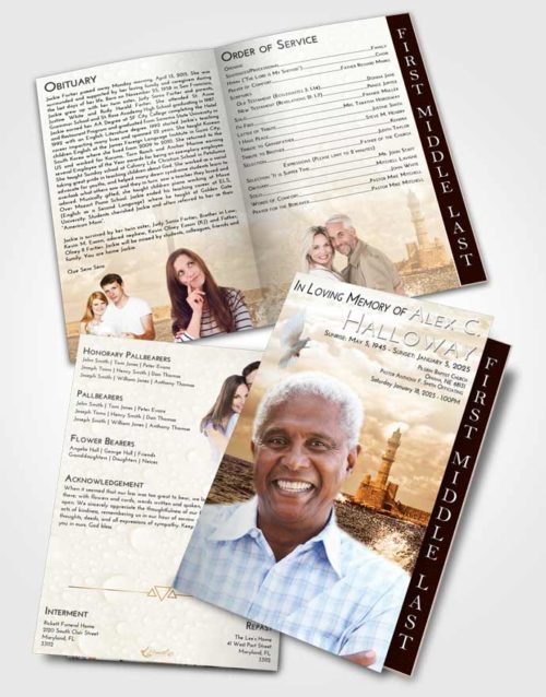 2 Page Graduated Step Fold Funeral Program Template Brochure Golden Lighthouse in the Tides