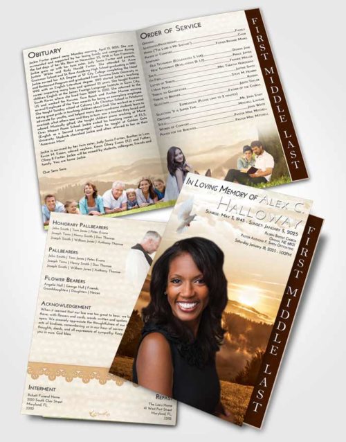 2 Page Graduated Step Fold Funeral Program Template Brochure Golden Misty Forest