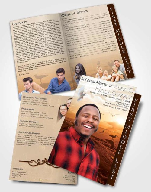 2 Page Graduated Step Fold Funeral Program Template Brochure Golden Natural Beach