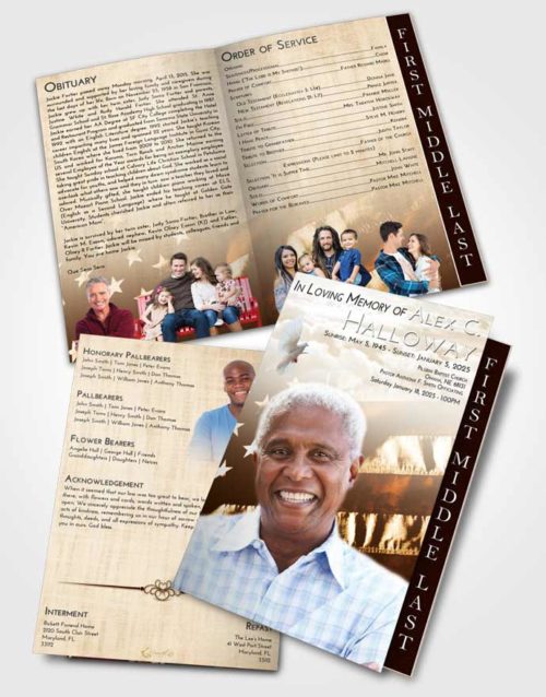 2 Page Graduated Step Fold Funeral Program Template Brochure Golden Peach American Veteran