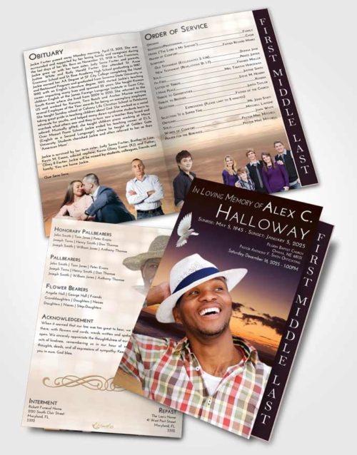 2 Page Graduated Step Fold Funeral Program Template Brochure Golden Peach Beautiful Sunset