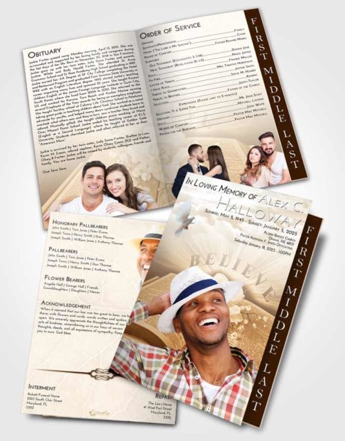 2 Page Graduated Step Fold Funeral Program Template Brochure Golden Peach Bible Belief