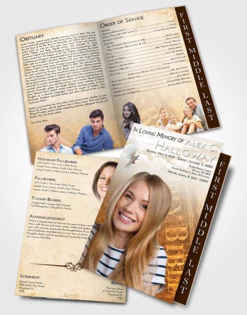 2 Page Graduated Step Fold Funeral Program Template Brochure Golden Peach Bible Grace
