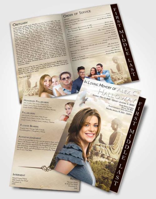 2 Page Graduated Step Fold Funeral Program Template Brochure Golden Peach Buddha Surprise