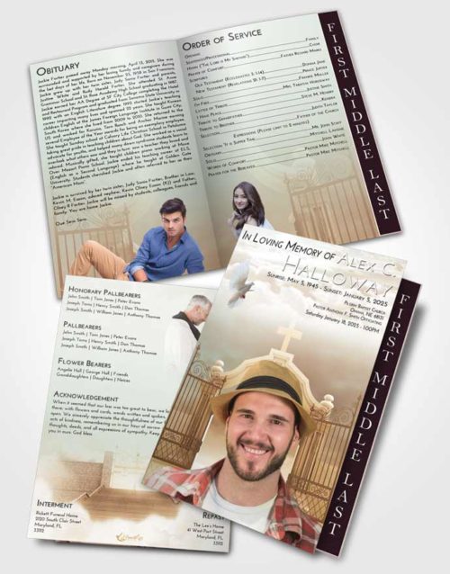2 Page Graduated Step Fold Funeral Program Template Brochure Golden Peach Clear Gates For Heaven