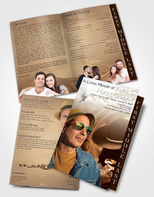 2 Page Graduated Step Fold Funeral Program Template Brochure Golden Peach Cowboy Desire
