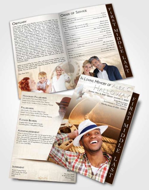 2 Page Graduated Step Fold Funeral Program Template Brochure Golden Peach Cowboy Divinity