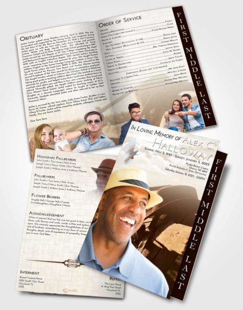 2 Page Graduated Step Fold Funeral Program Template Brochure Golden Peach Cowboy Honor