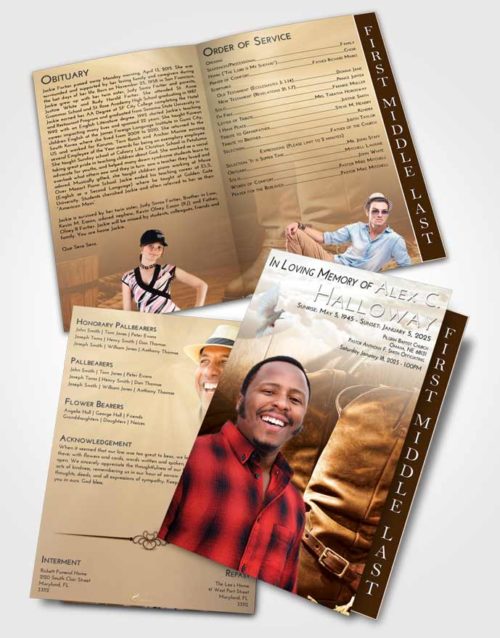 2 Page Graduated Step Fold Funeral Program Template Brochure Golden Peach Cowboy Love