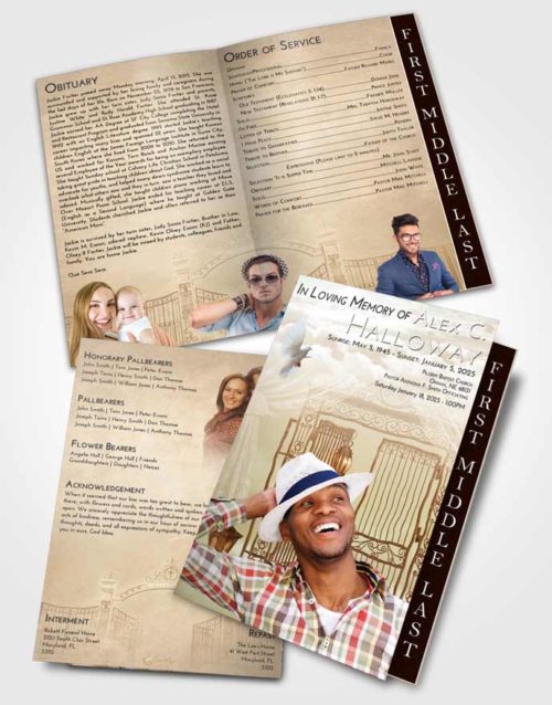 2 Page Graduated Step Fold Funeral Program Template Brochure Golden Peach Dreamy Gates to Heaven