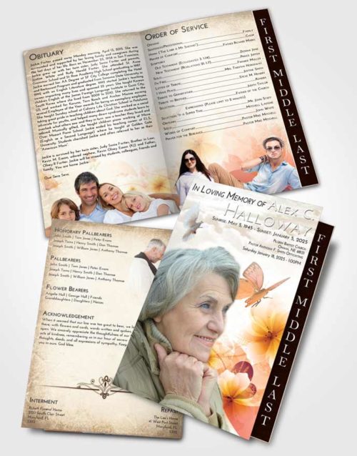2 Page Graduated Step Fold Funeral Program Template Brochure Golden Peach Floral Butterfly