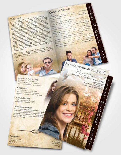 2 Page Graduated Step Fold Funeral Program Template Brochure Golden Peach Floral Oriental
