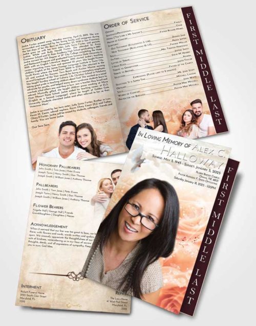 2 Page Graduated Step Fold Funeral Program Template Brochure Golden Peach Floral Relaxation