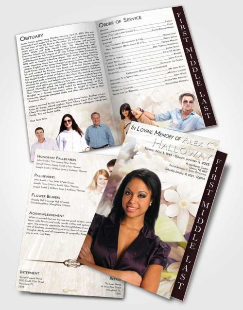 2 Page Graduated Step Fold Funeral Program Template Brochure Golden Peach Floral Serenity