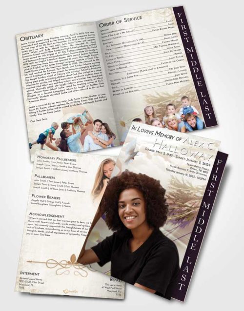 2 Page Graduated Step Fold Funeral Program Template Brochure Golden Peach Floral Style