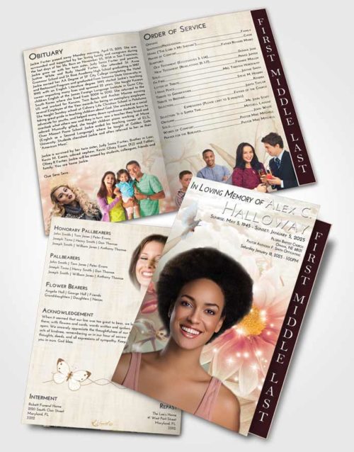 2 Page Graduated Step Fold Funeral Program Template Brochure Golden Peach Floral Summer