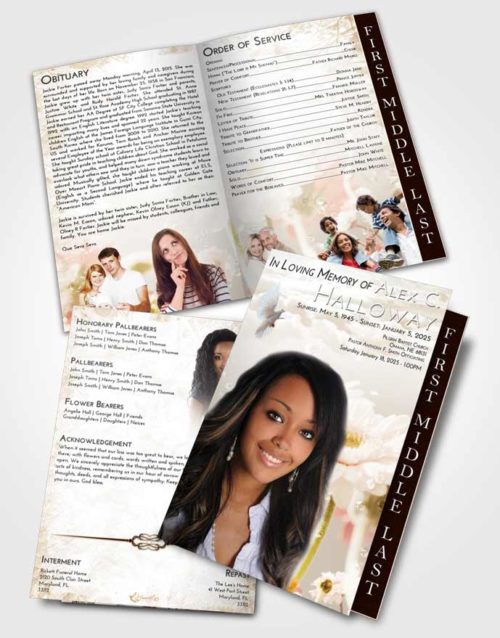 2 Page Graduated Step Fold Funeral Program Template Brochure Golden Peach Floral Tranquility