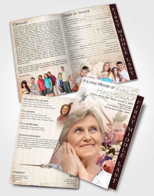2 Page Graduated Step Fold Funeral Program Template Brochure Golden Peach Floral Wonderland