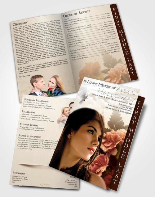 2 Page Graduated Step Fold Funeral Program Template Brochure Golden Peach Flower Magic