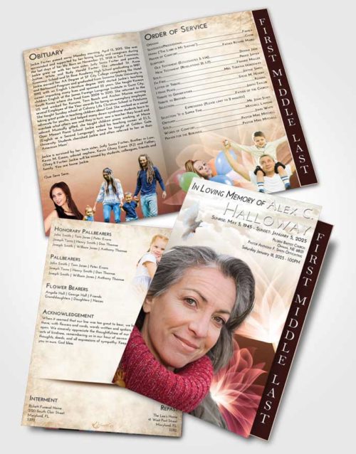 2 Page Graduated Step Fold Funeral Program Template Brochure Golden Peach Flower Peace