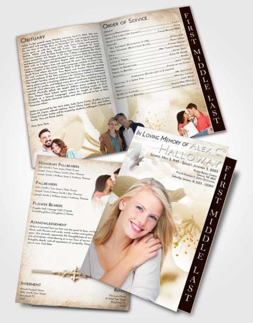 2 Page Graduated Step Fold Funeral Program Template Brochure Golden Peach Flower of the Plume