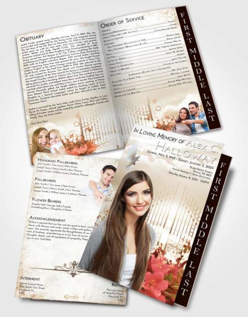 2 Page Graduated Step Fold Funeral Program Template Brochure Golden Peach Flowery Gates to Heaven
