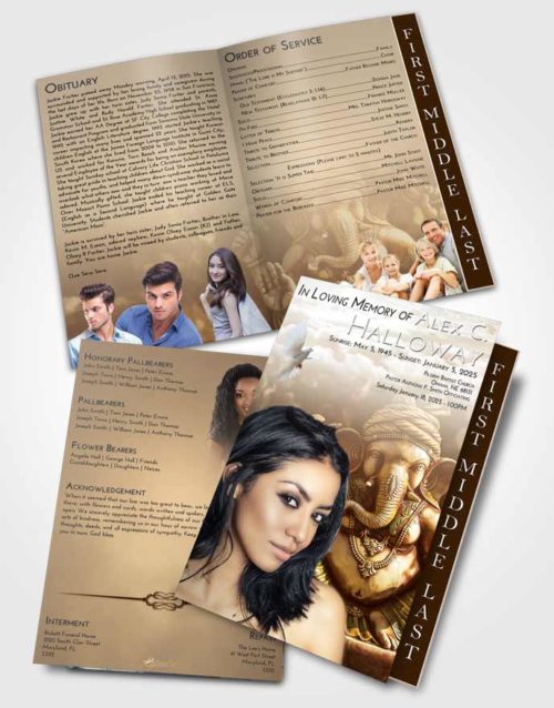 2 Page Graduated Step Fold Funeral Program Template Brochure Golden Peach Ganesha Surprise
