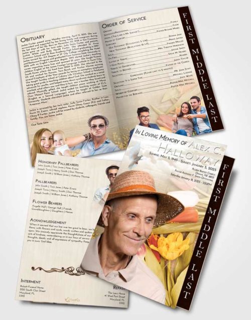 2 Page Graduated Step Fold Funeral Program Template Brochure Golden Peach Gardening Morning