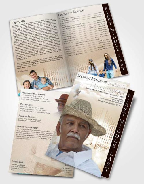 2 Page Graduated Step Fold Funeral Program Template Brochure Golden Peach Gates to Heaven