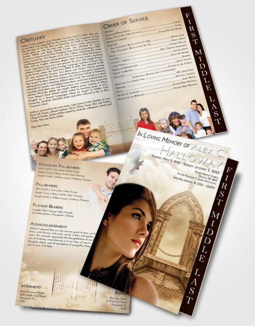 2 Page Graduated Step Fold Funeral Program Template Brochure Golden Peach Heavens Path